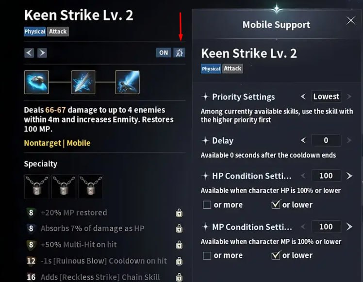 Умение Keen Strike: три закрытых слота специализации и варианты перков на 8, 8, 8, 12 и 16 уровне; справа — настройки Assist Mode мобильной версии
